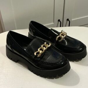 Guess Black Patent Loafers with Gold Chain Accent
